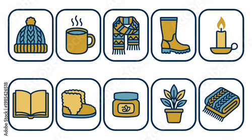 Collection of cozy winter and holiday themed icons for decoration