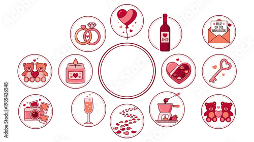 Collection of romantic and love themed icons for celebration