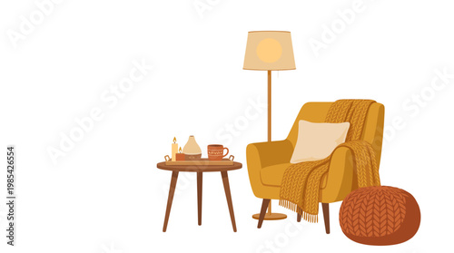 Cozy living room corner with armchair side table and warm lighting