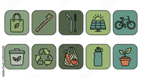 Collection of ecofriendly and sustainable lifestyle icons