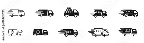 Delivery Service Icons Set – Fast Shipping, Free Delivery, 24h Delivery, Express Courier, Package Care, Logistics Line and Flat Icons
