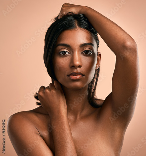 Foto Space, beauty and portrait of woman in studio for cosmetics, natural texture and cosmetology