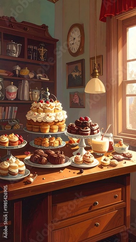 A warmly lit dessert table in a cozy room with a window