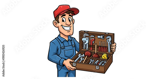 Cartoon Plumber Man Holding Open Toolbox Full of Tools.