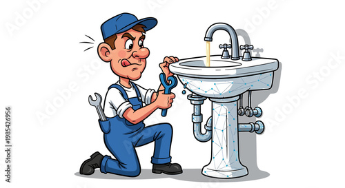 Cartoon Plumber Fixing a Leaky Sink with Tools.