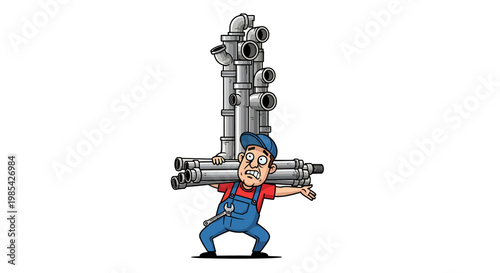 Plumber Struggling Under Heavy Load of Pipes.