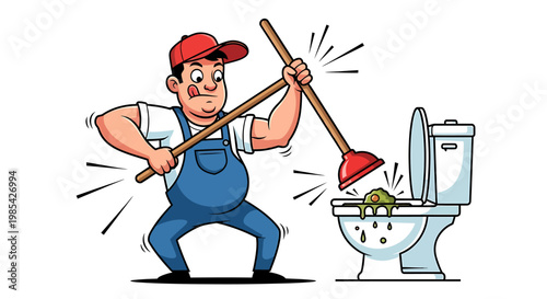Plumber struggling with a clogged toilet using a plunger.