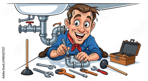 Happy Plumber Working Under Sink with Tools.