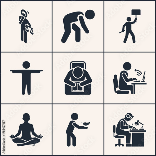 A collection of silhouettes depicting various daily life activities of a person, from work and exercise to meditation and relaxation.