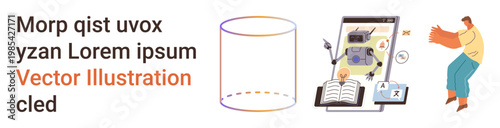 Artificial intelligence, digital learning, robotic technology, education, automation, innovation. A robot on a screen with an open book and a person interacting. Artificial intelligence and digital