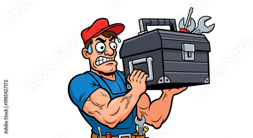 Strong Muscular Mechanic Holding Heavy Toolbox With Tools.