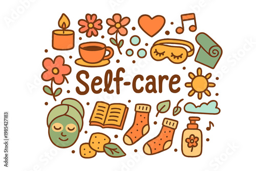 Colorful Self-Care Doodles. Self-care. Hand-drawn doodle illustration of self-care. Candle, tea cup, flower,
