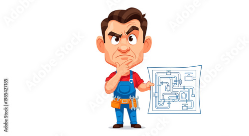 Confused handyman holding blueprint with thoughtful expression.