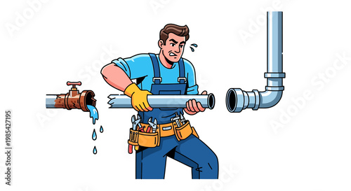Plumber Fixing Broken Water Pipe with Tools.