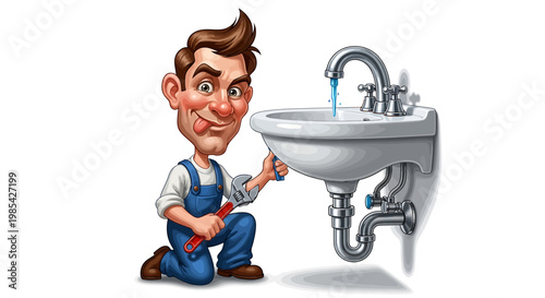Cartoon Plumber Fixing a Leaky Sink with Tools.