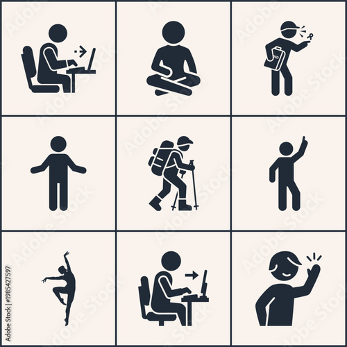 A set of nine black silhouette icons depicting people engaging in different activities such as working, exercising, and relaxing.