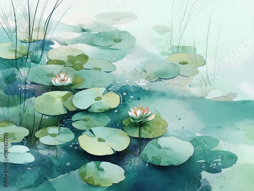 Gentle watercolor pond with floating lily pads