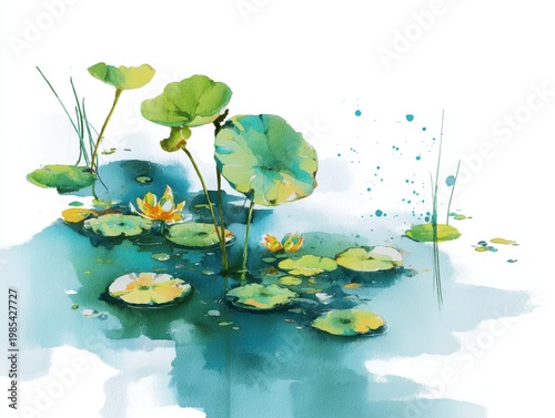 Gentle watercolor pond with floating lily pads