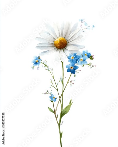 White daisy and forget me not watercolor illustration on white