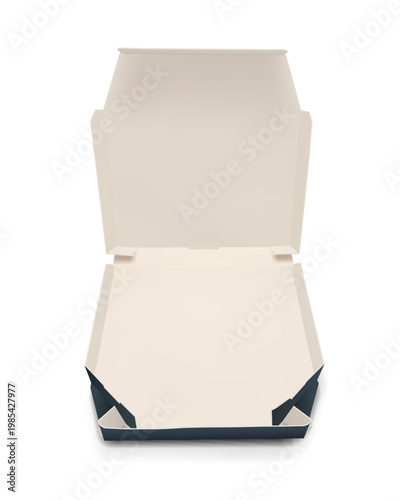 Photorealistic ivory and blue opened paper cardboard pizza box mockup isolated on transparent background. Food delivery degradable package. Vector PNG