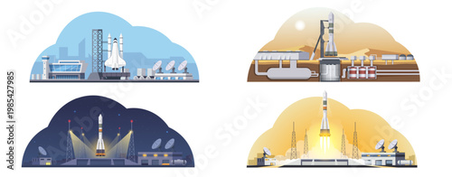Cosmodrome set showing space ship launch stages in flat graphic style on varied skies, concept of exploration and technology. Vector illustration