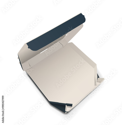 Photorealistic ivory and blue opened paper cardboard pizza box mockup isolated on transparent background. Food delivery degradable package. Vector PNG