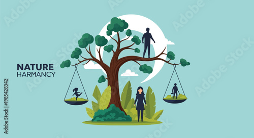Conceptual artwork portraying the harmonious relationship and delicate balance between human activities and the natural environment, centered around a flourishing tree.