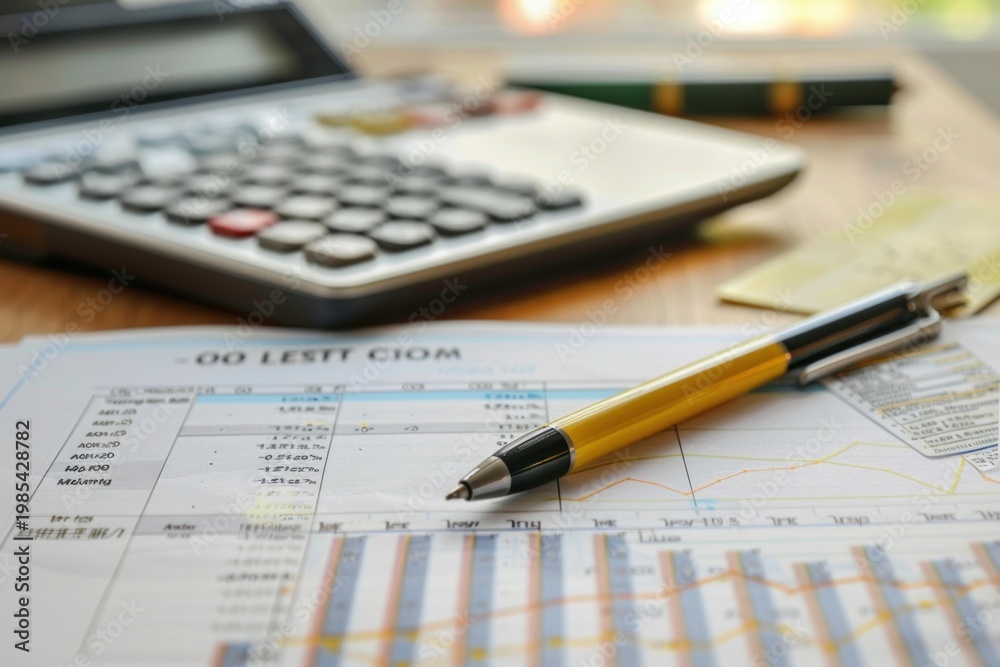 Fototapeta premium Business concept with pen, calculator, and credit card on financial report, suggesting analysis and planning