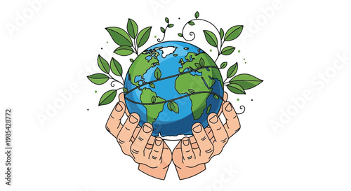 Illustration of hands gently cradling the planet Earth, symbolizing global environmental protection, sustainability, and the vital importance of nature conservation.