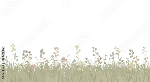Illustration of a serene meadow with wildflowers and tall grass on a white background, peaceful natural scenery