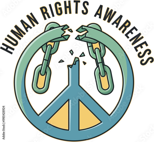 An illustrative emblem promoting human rights awareness features a powerful peace symbol with broken chains, representing freedom and liberation.