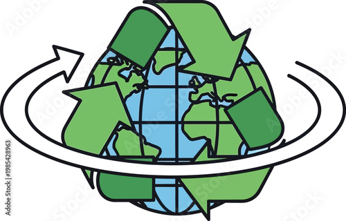 Blue globe surrounded by green recycling arrows representing global sustainable development practices and environmental preservation for our future healthy planet earth