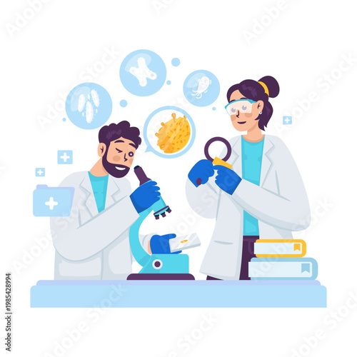 Two Scientists Observing Microorganisms with Microscope in Laboratory Vector Illustration