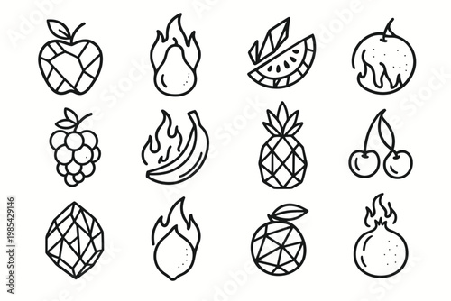 Surreal Elemental Fruit Icons. Surreal fruit made of crystal or fire. Line outline icon set of Surreal fruit