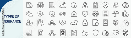 types of insurance line icons, thin vector protection and safety set