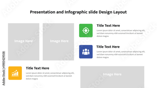 Business infographic layout with image placeholders and colorful text boxes featuring icons
