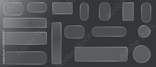 Liquid glass vector buttons and round circle in different shapes. Liquid glass collection of transparent, rounded buttons and shapes, showcasing a modern aesthetic for UI designs shape