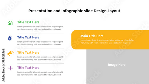 Business presentation slide layout featuring multiple content sections with icons and a main title box