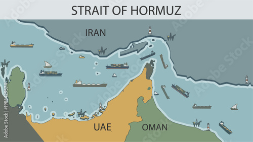 Strait of Hormuz Map Vector Illustration with Oil Tankers and Shipping Routes, Global Energy Trade Concept