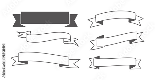 Collection of six assorted ribbon banners in dark gray and white outline shape