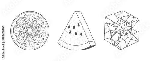 Hand drawn citrus slice watermelon wedge and geometric cube