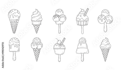 Hand drawn ice cream cone and popsicle collection sweet
