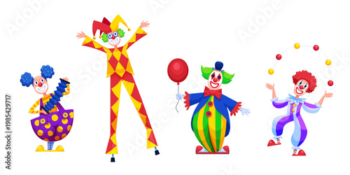 Circus clowns artists. Clown cartoon characters, joker harlequin jester comedian performer carnival costume birthday party festival juggler show set qualitative vector illustration