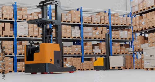Warehouse Scene with High Shelves and Reach Fork Track. Logistics Concept. 3D illustration