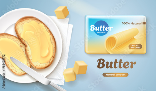 Butter ad. Realistic creamy butter package advertising banner, buttered toast spread bread with knife sandwich on plate margarine slices breakfast promo garish vector illustration