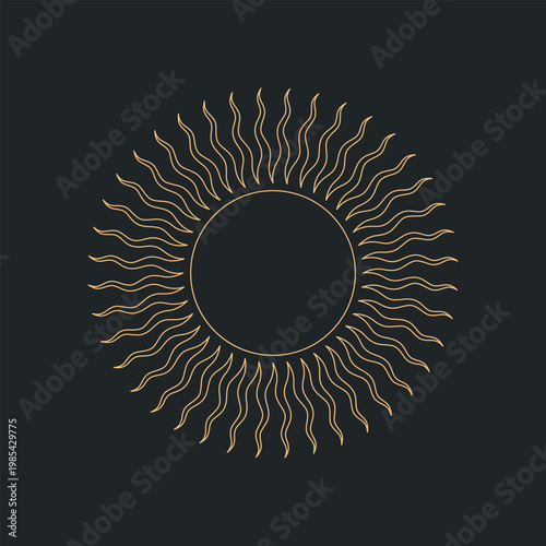 Golden sun rays spiral outward from a dark sun. Minimalist design evokes warmth and energy. Elegant lines contrast against deep black background. Perfect for branding, spiritual, or motivational theme