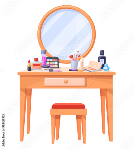 Makeup table. Dressing make up desk with mirror, boudoir room interior furniture chair stool cosmetic tools perfume female girl beauty products cartoon neat vector illustration