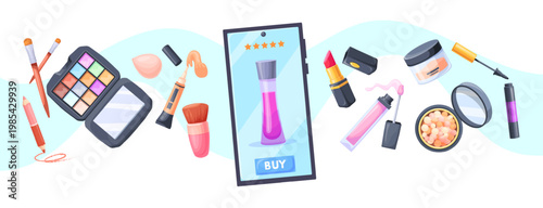 Cosmetics online purchase. Makeup cosmetic internet shop mobile app smartphone, beauty store for buy perfume creme skincare products choice display cartoon neat vector illustration