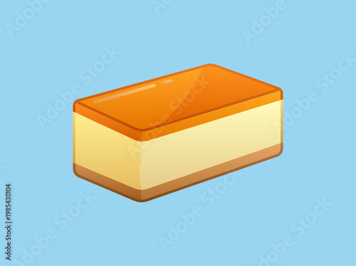 An attractive isometric vector artwork showcases a tasty rectangular slice of creamy cheesecake that features a brown crust and a glossy orange jelly topping, placed beautifully on a clear background