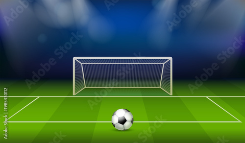 Penalty kick. Realistic soccer ball at football goal net, field stadium grass area game 3d balls shoot goalkeeper place gates tournament court background exact vector illustration